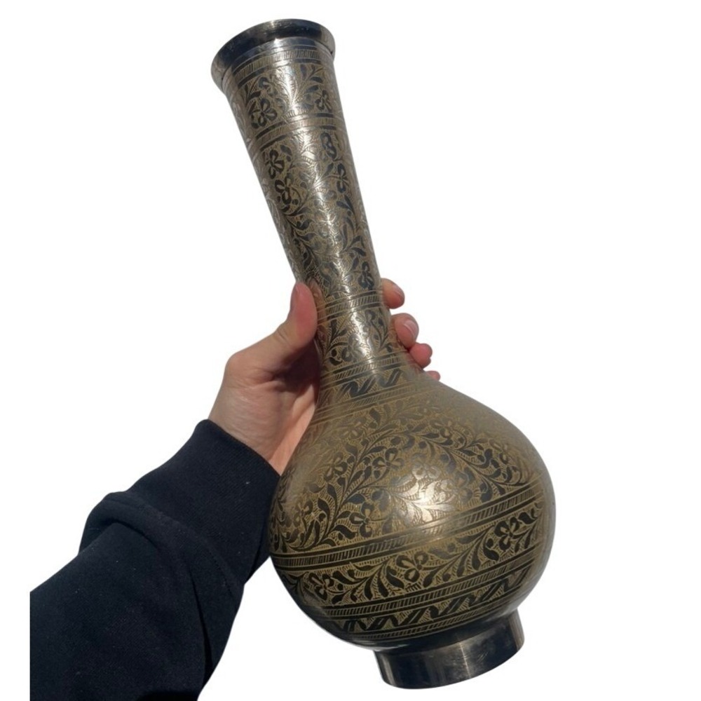 Vintage Hand Etched Brass Vase Made in India Floral Engraved‎ Tall Boho Decor